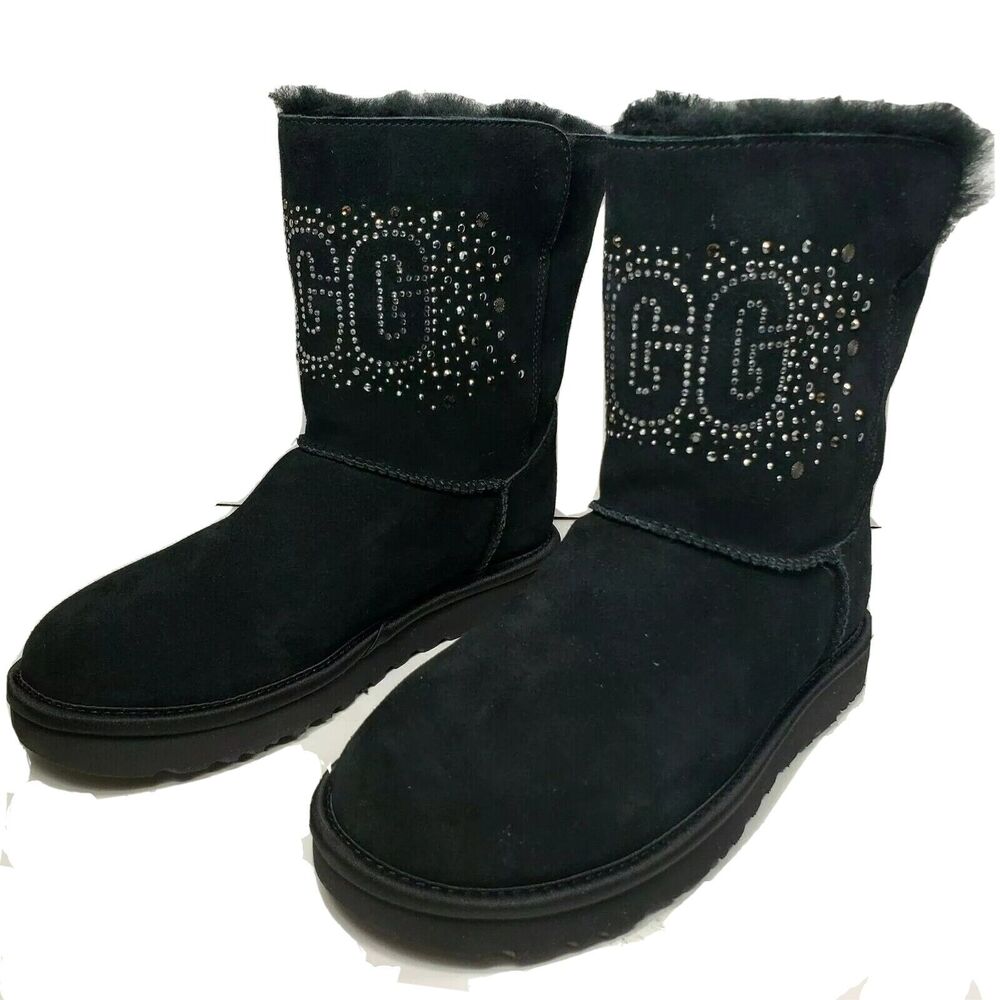 UGG Women boots Classic Bling ankle pull on black suede shearling sz 6 37  new